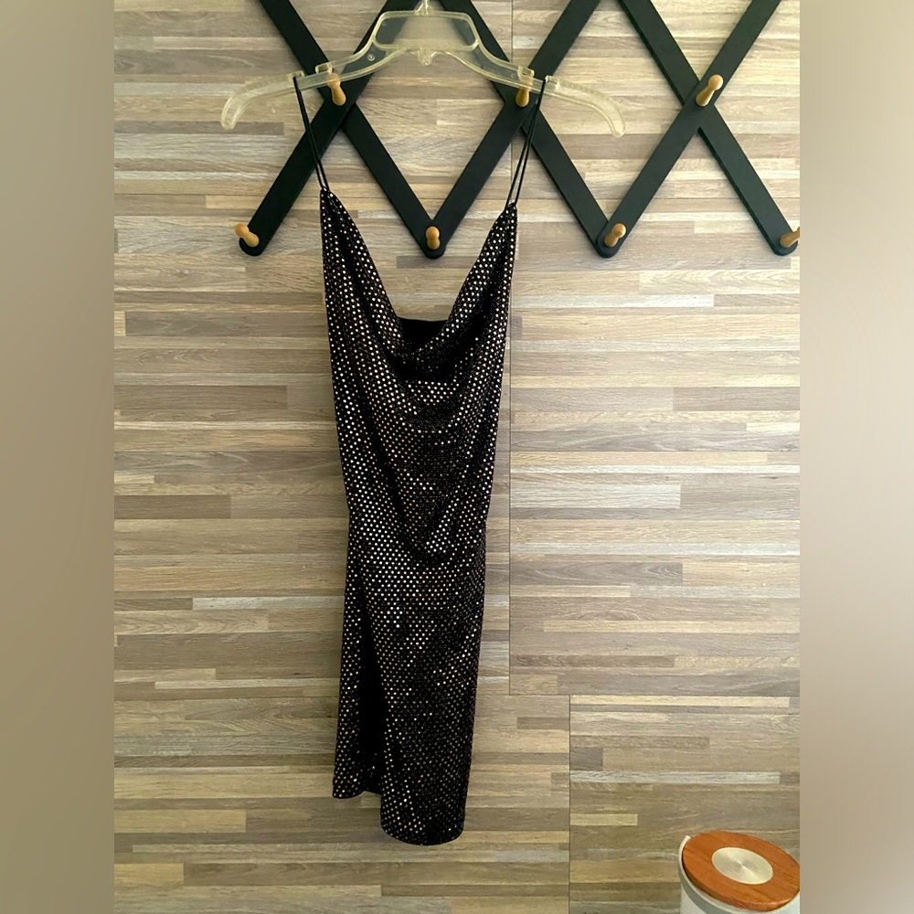 NWT spaghetti strap black/copper sequin dress